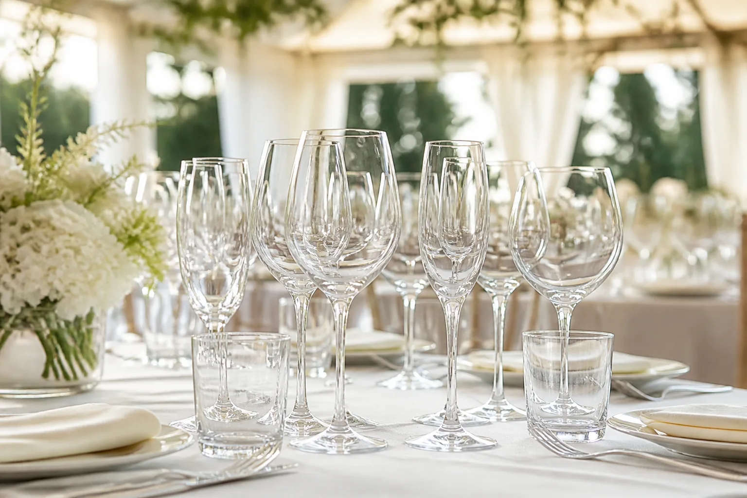 Elegant event glassware arranged inside a marquee