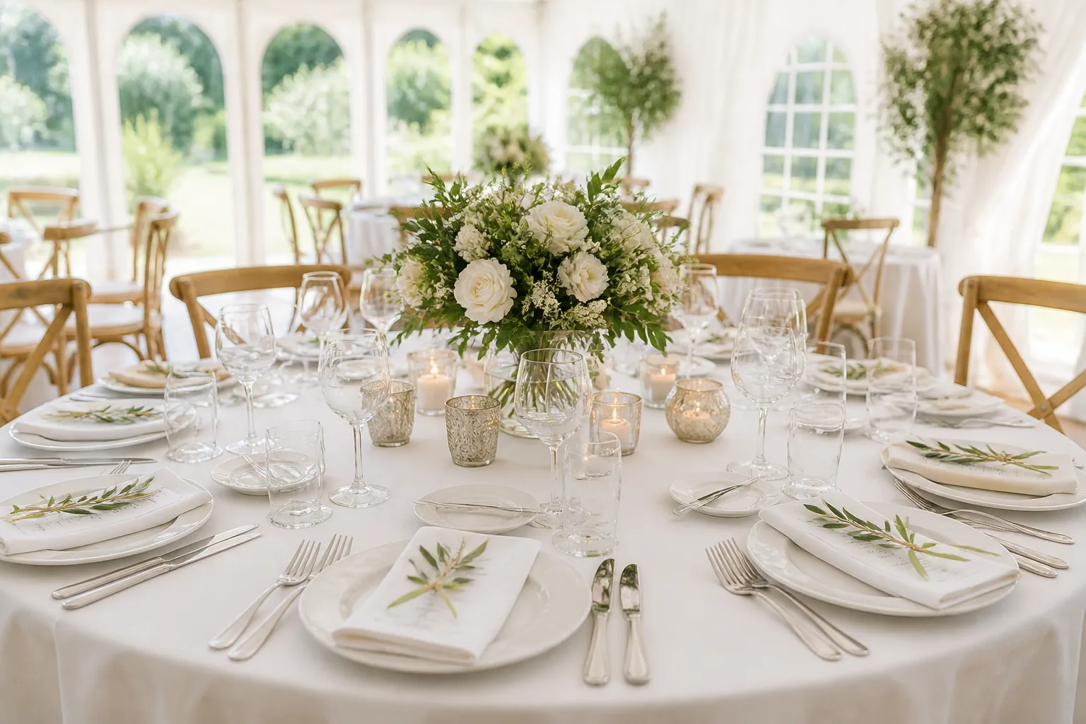 White crockery and tableware dressed for an event inside a marquee