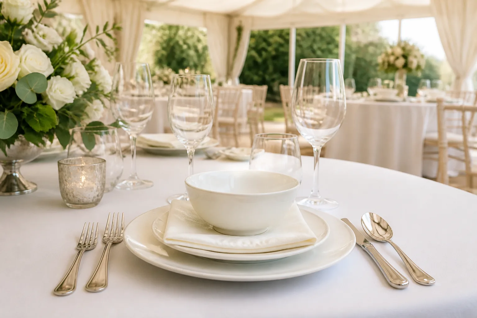 Polished silver cutlery arranged with an elegant place setting